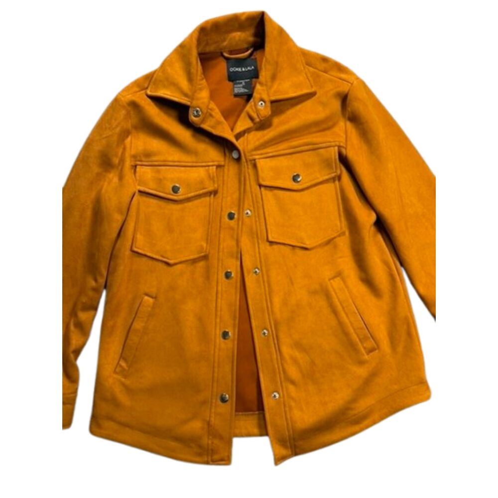 Ookie & Lala Faux Suede Shacket Jacket Womens M Rust Snap Front Utility Shirt